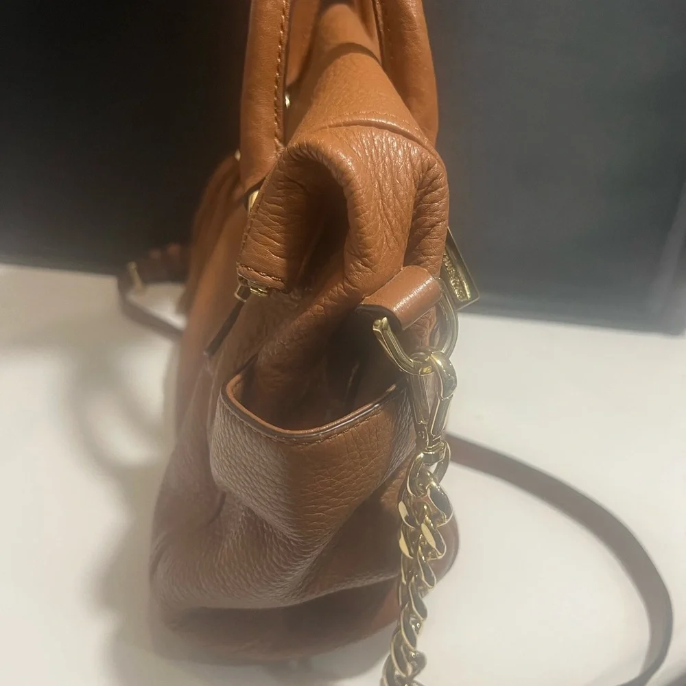 Michael Kors Cognac Pebbled Leather Fold Over Satchel with Tassel - Picture 2 of 8